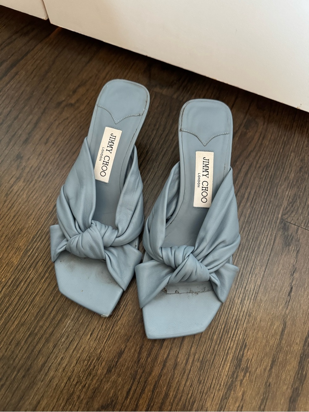 Jimmy Choo Avenue 50 Nappa Leather Knotted Mules Pale Blue - Picture 2 of 6